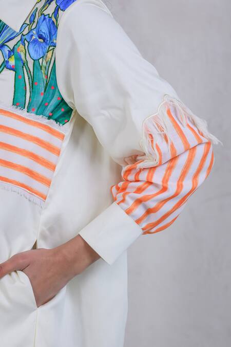 Shop_The Dramebaaz CO_White Art Twill Printed Striped Collar Floral Rhapsody Embroidered Shirt Dress _Online_at_Aza_Fashions