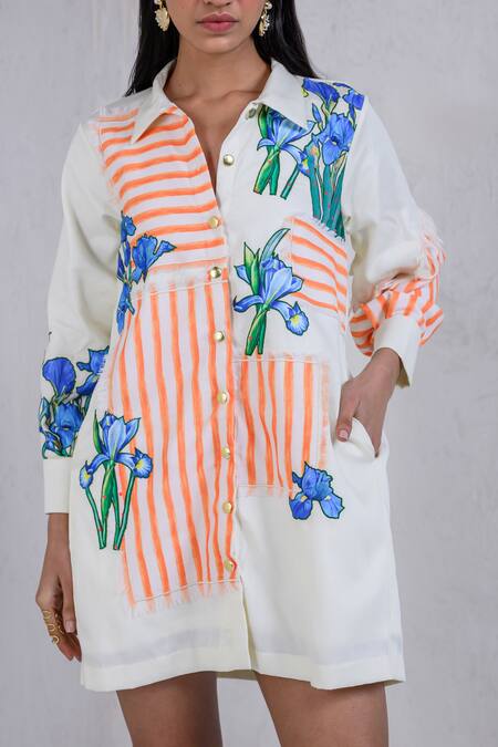 The Dramebaaz CO_White Art Twill Printed Striped Collar Floral Rhapsody Embroidered Shirt Dress _at_Aza_Fashions