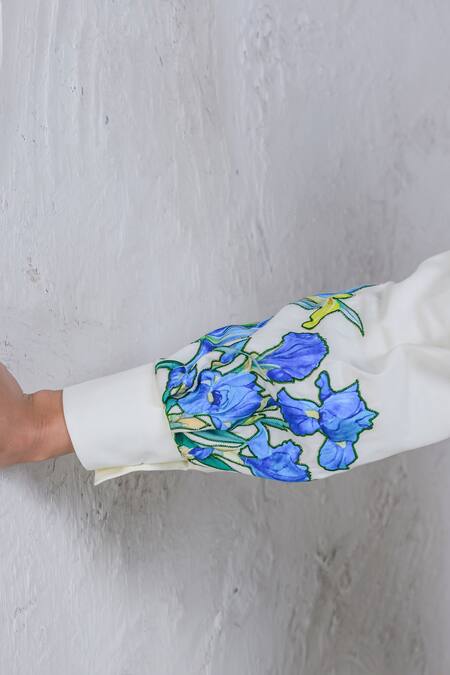 Buy_The Dramebaaz CO_White Art Twill Printed Striped Collar Floral Rhapsody Embroidered Shirt Dress 