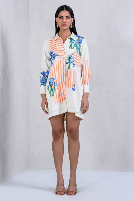 Shop_The Dramebaaz CO_White Art Twill Printed Striped Collar Floral Rhapsody Embroidered Shirt Dress 