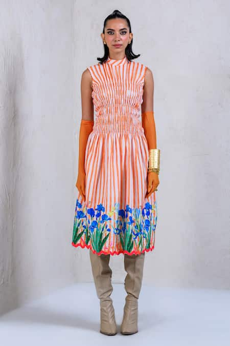 The Dramebaaz Co Orange Art Twill Printed Striped High Collar Bloombells Smocked Dress 