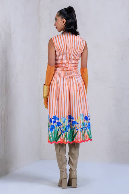 The Dramebaaz CO Orange Art Twill Printed Striped High Collar Bloombells Smocked Dress Online at Aza Fashions The Dramebaaz CO_Orange Art Twill Printed Striped High Collar Bloombells Smocked Dress _Online_at_Aza_Fashions