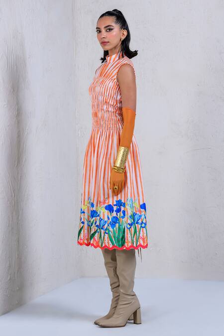 Buy The Dramebaaz CO Orange Art Twill Printed Striped High Collar Bloombells Smocked Dress Online at Aza Fashions Buy_The Dramebaaz CO_Orange Art Twill Printed Striped High Collar Bloombells Smocked Dress _Online_at_Aza_Fashions