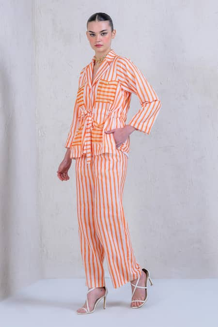 The Dramebaaz Co Mandarin Meadow Striped Print Shirt & Pant Set 