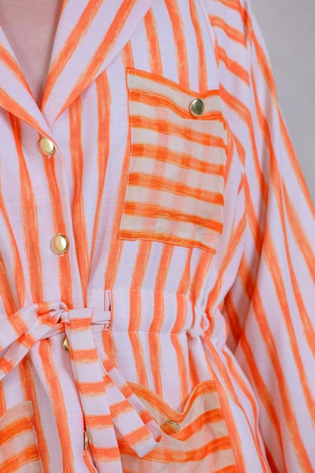 The Dramebaaz CO_Orange Art Twill Printed Striped Lapel Collar Mandarin Meadow Shirt And Pant Set _Online_at_Aza_Fashions