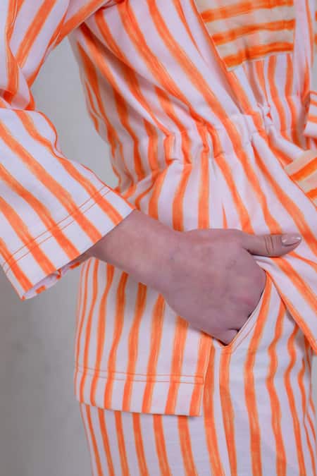 Buy_The Dramebaaz CO_Orange Art Twill Printed Striped Lapel Collar Mandarin Meadow Shirt And Pant Set _Online_at_Aza_Fashions