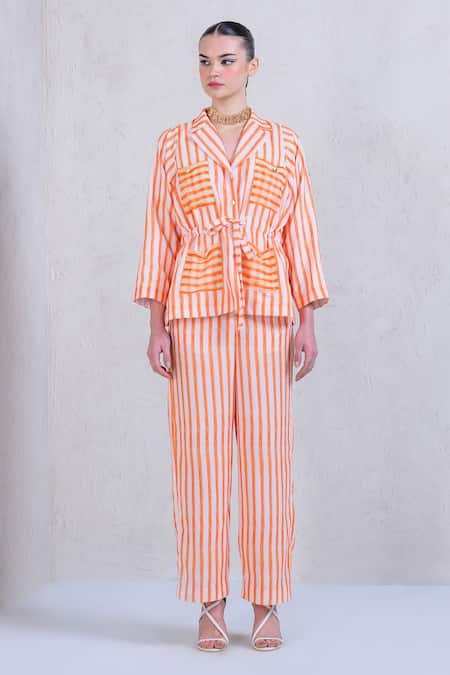 Shop_The Dramebaaz CO_Orange Art Twill Printed Striped Lapel Collar Mandarin Meadow Shirt And Pant Set _Online_at_Aza_Fashions