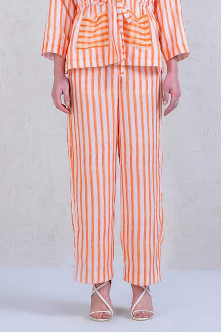 The Dramebaaz CO_Orange Art Twill Printed Striped Lapel Collar Mandarin Meadow Shirt And Pant Set _at_Aza_Fashions