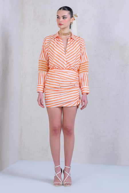 The Dramebaaz Co Citrus Crush Striped Print Shirt & Skirt Set 