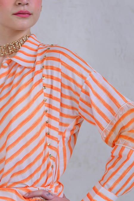 Buy_The Dramebaaz CO_Orange Art Twill Printed Striped Collar Citrus Crush Shirt And Skirt Set _Online_at_Aza_Fashions