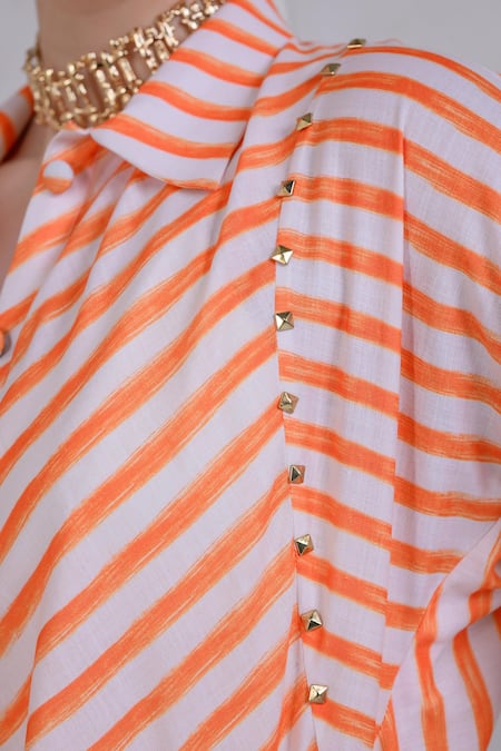 Shop_The Dramebaaz CO_Orange Art Twill Printed Striped Collar Citrus Crush Shirt And Skirt Set _Online_at_Aza_Fashions