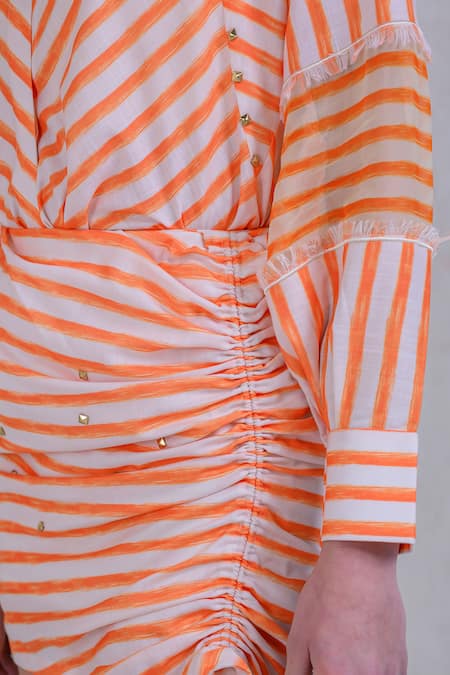 The Dramebaaz CO_Orange Art Twill Printed Striped Collar Citrus Crush Shirt And Skirt Set _at_Aza_Fashions