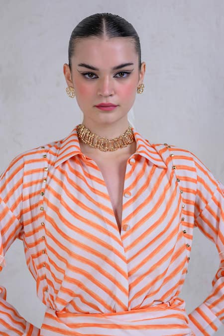 Buy_The Dramebaaz CO_Orange Art Twill Printed Striped Collar Citrus Crush Shirt And Skirt Set 