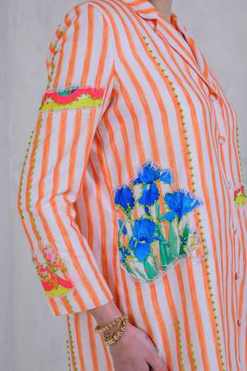 The Dramebaaz CO_Orange Art Twill Printed Striped Lapel Collar Sunset Streak Dress _Online_at_Aza_Fashions