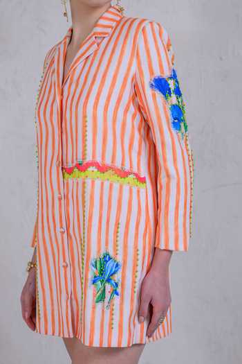 Buy_The Dramebaaz CO_Orange Art Twill Printed Striped Lapel Collar Sunset Streak Dress _Online_at_Aza_Fashions