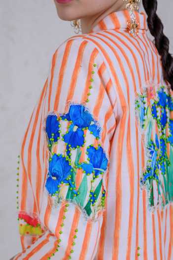 Shop_The Dramebaaz CO_Orange Art Twill Printed Striped Lapel Collar Sunset Streak Dress _Online_at_Aza_Fashions