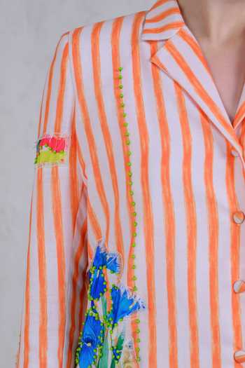 The Dramebaaz CO_Orange Art Twill Printed Striped Lapel Collar Sunset Streak Dress _at_Aza_Fashions