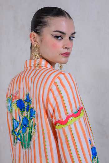 Buy_The Dramebaaz CO_Orange Art Twill Printed Striped Lapel Collar Sunset Streak Dress 