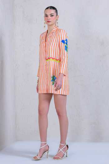 Shop_The Dramebaaz CO_Orange Art Twill Printed Striped Lapel Collar Sunset Streak Dress 