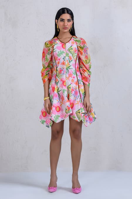 Shop_The Dramebaaz CO_White Art Twill Printed Floral Round Galentines Godet Dress _Online_at_Aza_Fashions