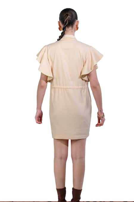 The Dramebaaz CO_Off White Cotton Denim Twill Applique Embroidered Velvet Blooms Ruffle Dress _Online_at_Aza_Fashions