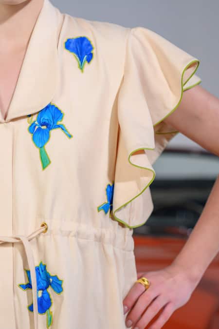 Buy_The Dramebaaz CO_Off White Cotton Denim Twill Applique Embroidered Velvet Blooms Ruffle Dress _Online_at_Aza_Fashions