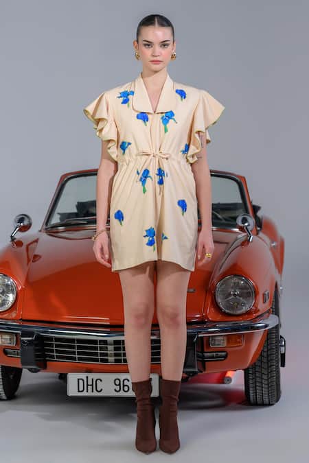 The Dramebaaz CO_Off White Cotton Denim Twill Applique Embroidered Velvet Blooms Ruffle Dress _at_Aza_Fashions