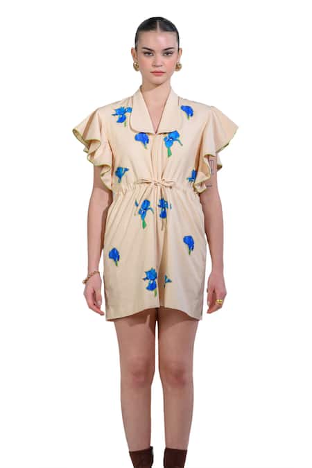 Buy_The Dramebaaz CO_Off White Cotton Denim Twill Applique Embroidered Velvet Blooms Ruffle Dress 