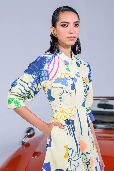 Shop_The Dramebaaz CO_Yellow Cotton Denim Twill Printed Abstract Collar Olva Dress _Online_at_Aza_Fashions
