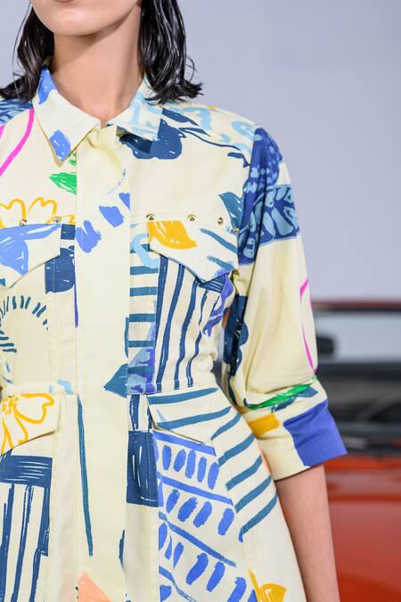 The Dramebaaz CO_Yellow Cotton Denim Twill Printed Abstract Collar Olva Dress _at_Aza_Fashions