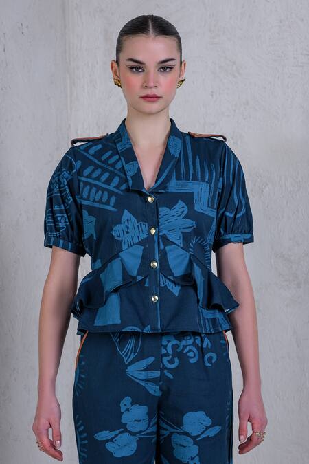 The Dramebaaz CO Blue Cotton Denim Twill Printed Mega Montera Neptunes Folia Shirt And Pant Set Online at Aza Fashions The Dramebaaz CO_Blue Cotton Denim Twill Printed Mega Montera Neptunes Folia Shirt And Pant Set _Online_at_Aza_Fashions
