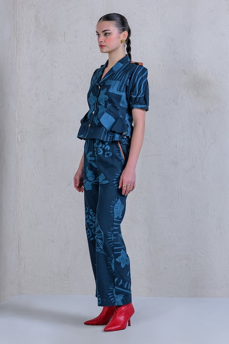 Shop The Dramebaaz CO Blue Cotton Denim Twill Printed Mega Montera Neptunes Folia Shirt And Pant Set Shop_The Dramebaaz CO_Blue Cotton Denim Twill Printed Mega Montera Neptunes Folia Shirt And Pant Set