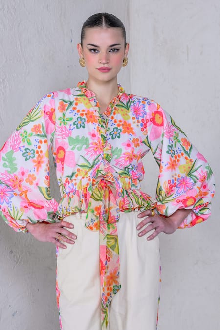 The Dramebaaz CO_Multi Color Art Twill Print Floral V-neck Fiesta Frilled Crop Shirt _Online_at_Aza_Fashions