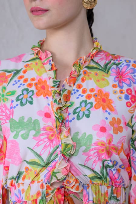 Buy_The Dramebaaz CO_Multi Color Art Twill Print Floral V-neck Fiesta Frilled Crop Shirt _Online_at_Aza_Fashions
