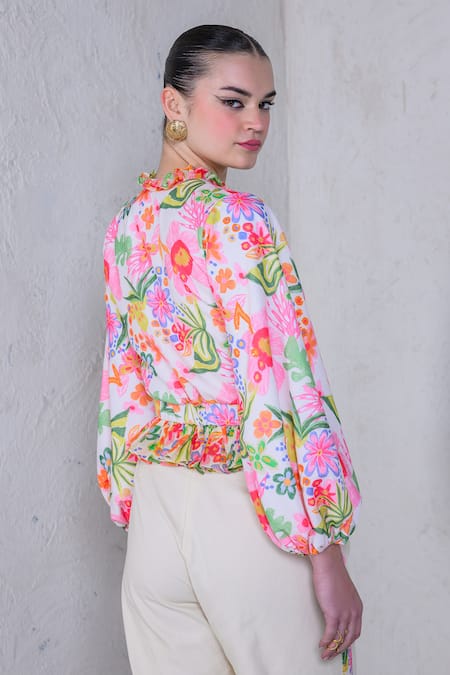 Shop_The Dramebaaz CO_Multi Color Art Twill Print Floral V-neck Fiesta Frilled Crop Shirt _Online_at_Aza_Fashions