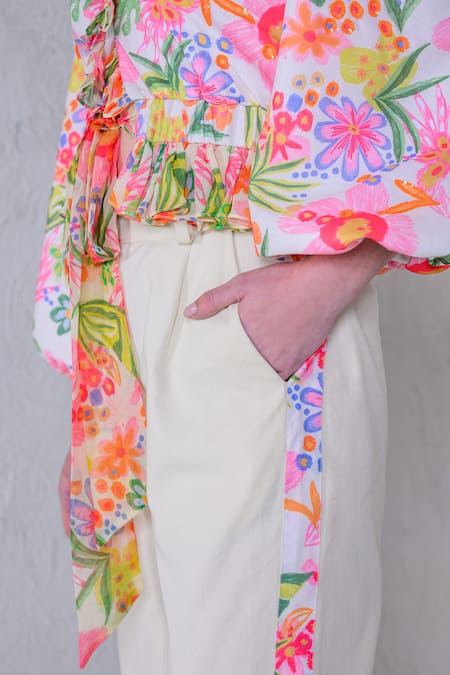 The Dramebaaz CO_Multi Color Art Twill Print Floral V-neck Fiesta Frilled Crop Shirt _at_Aza_Fashions