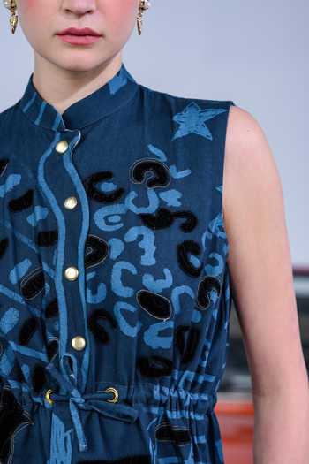 Buy_The Dramebaaz CO_Blue Cotton Denim Twill Abstract Applique Magnolia Pattern Top With Shorts _Online_at_Aza_Fashions