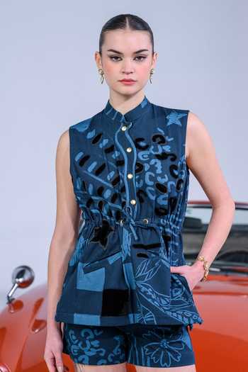 Shop_The Dramebaaz CO_Blue Cotton Denim Twill Abstract Applique Magnolia Pattern Top With Shorts _Online_at_Aza_Fashions