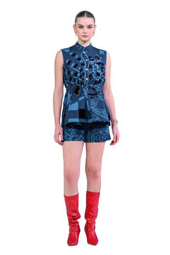 The Dramebaaz CO_Blue Cotton Denim Twill Abstract Applique Magnolia Pattern Top With Shorts _at_Aza_Fashions