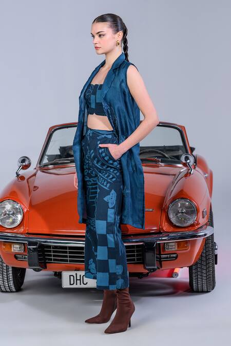 The Dramebaaz CO_Blue Cotton Denim Twill Print Applique Jacket Lapel Collar Nebula Pant Set _Online_at_Aza_Fashions