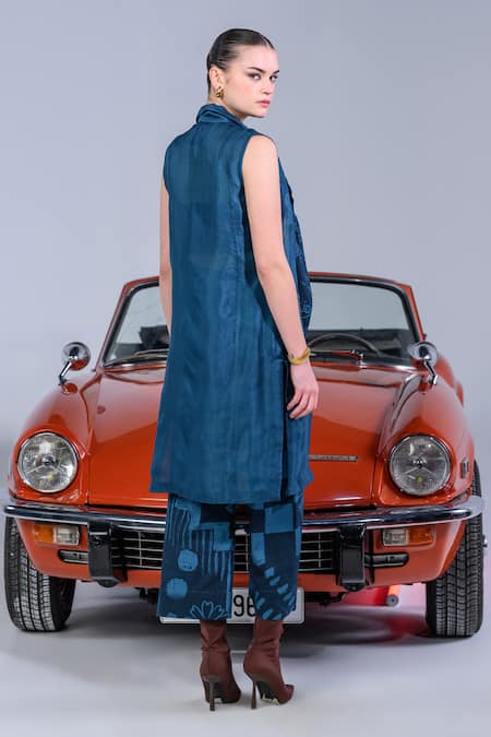 Buy_The Dramebaaz CO_Blue Cotton Denim Twill Print Applique Jacket Lapel Collar Nebula Pant Set _Online_at_Aza_Fashions