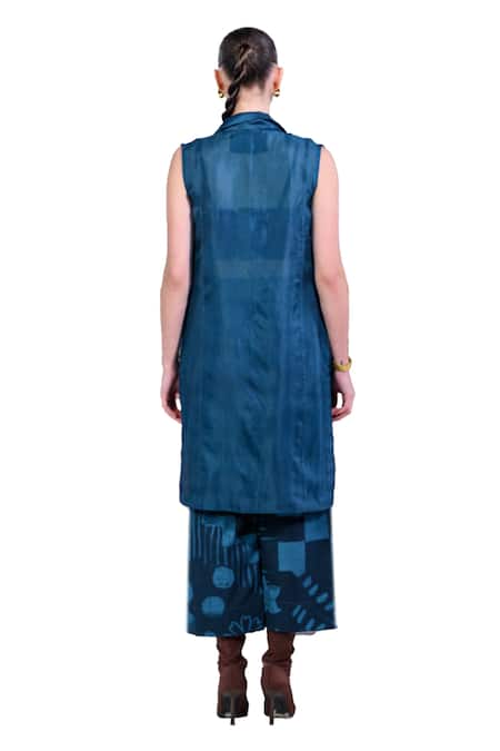 Shop_The Dramebaaz CO_Blue Cotton Denim Twill Print Applique Jacket Lapel Collar Nebula Pant Set _Online_at_Aza_Fashions