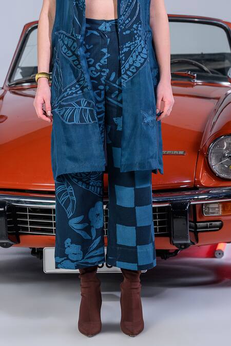 The Dramebaaz CO_Blue Cotton Denim Twill Print Applique Jacket Lapel Collar Nebula Pant Set _at_Aza_Fashions