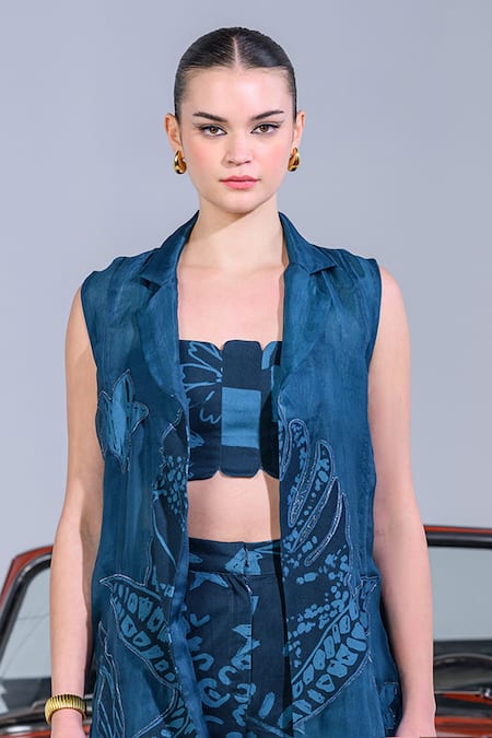 Shop_The Dramebaaz CO_Blue Cotton Denim Twill Print Applique Jacket Lapel Collar Nebula Pant Set 