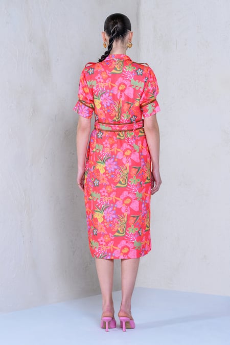 Shop The Dramebaaz CO Pink Art Twill Print Floral Stand Collar Prism Petal Shirt Dress at Aza Fashions Shop_The Dramebaaz CO_Pink Art Twill Print Floral Stand Collar Prism Petal Shirt Dress _at_Aza_Fashions