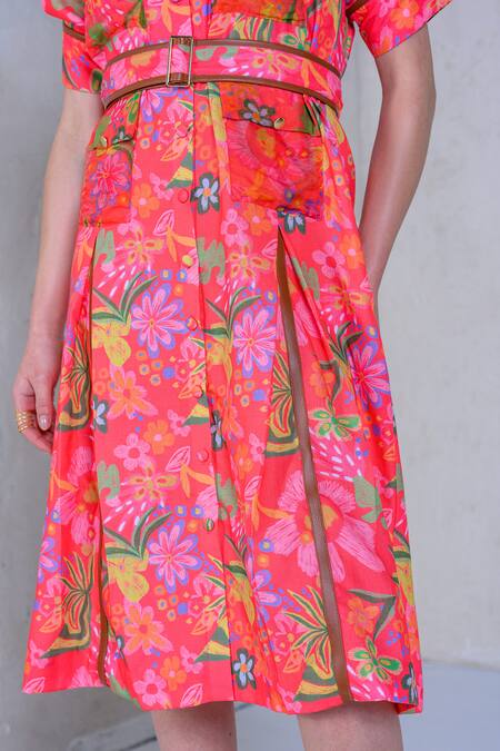 The Dramebaaz CO Pink Art Twill Print Floral Stand Collar Prism Petal Shirt Dress Online at Aza Fashions The Dramebaaz CO_Pink Art Twill Print Floral Stand Collar Prism Petal Shirt Dress _Online_at_Aza_Fashions