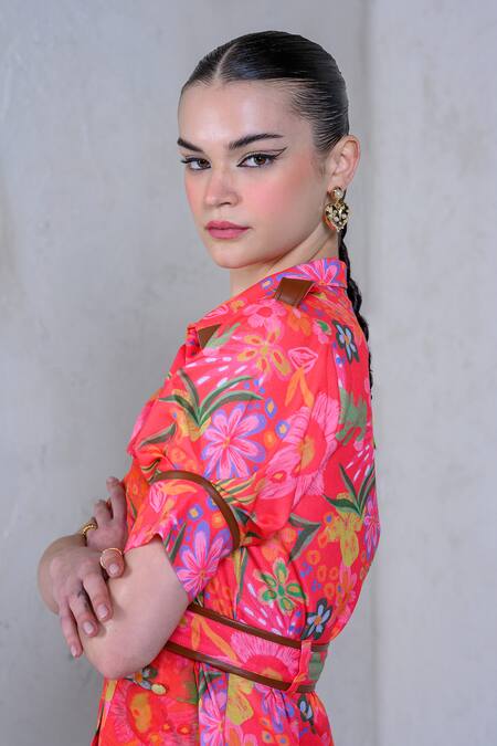 Buy The Dramebaaz CO Pink Art Twill Print Floral Stand Collar Prism Petal Shirt Dress Online at Aza Fashions Buy_The Dramebaaz CO_Pink Art Twill Print Floral Stand Collar Prism Petal Shirt Dress _Online_at_Aza_Fashions