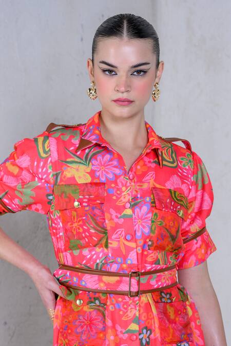 Shop The Dramebaaz CO Pink Art Twill Print Floral Stand Collar Prism Petal Shirt Dress Online at Aza Fashions Shop_The Dramebaaz CO_Pink Art Twill Print Floral Stand Collar Prism Petal Shirt Dress _Online_at_Aza_Fashions