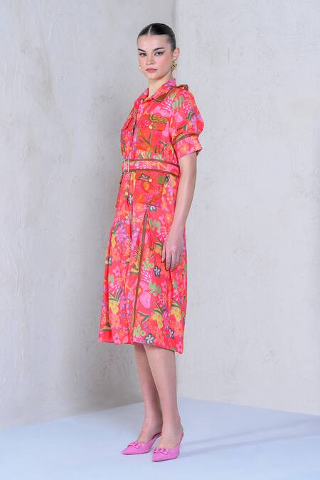 The Dramebaaz CO Pink Art Twill Print Floral Stand Collar Prism Petal Shirt Dress at Aza Fashions The Dramebaaz CO_Pink Art Twill Print Floral Stand Collar Prism Petal Shirt Dress _at_Aza_Fashions