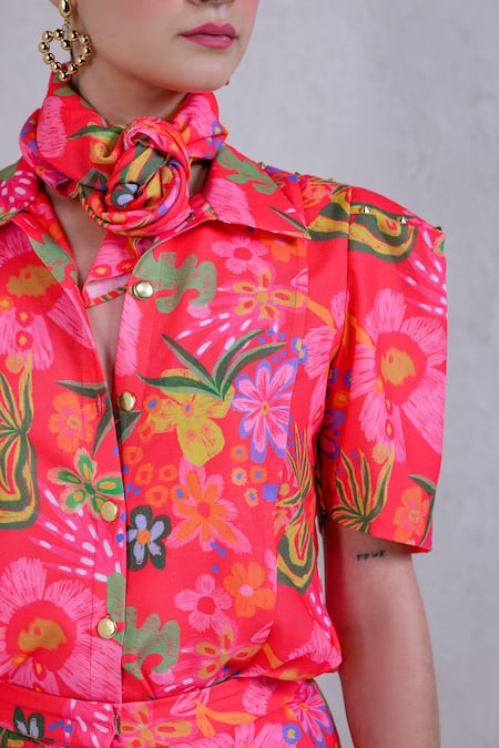 The Dramebaaz CO_Pink Art Twill Print Floral Stand Collar Wildflower Shirt With Pant _Online_at_Aza_Fashions